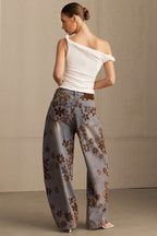 Çiçek Desenli Geniş Paçalı Kot Pantolon