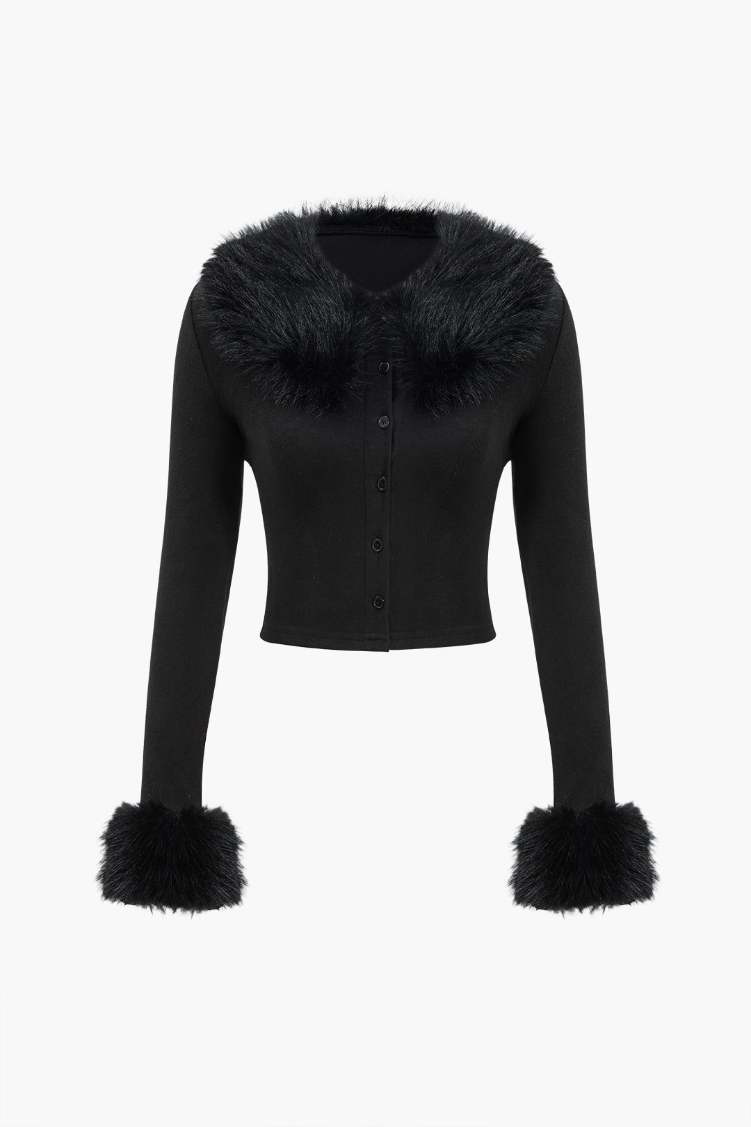 Faux Fur Collar Button Uzun Kollu Üst