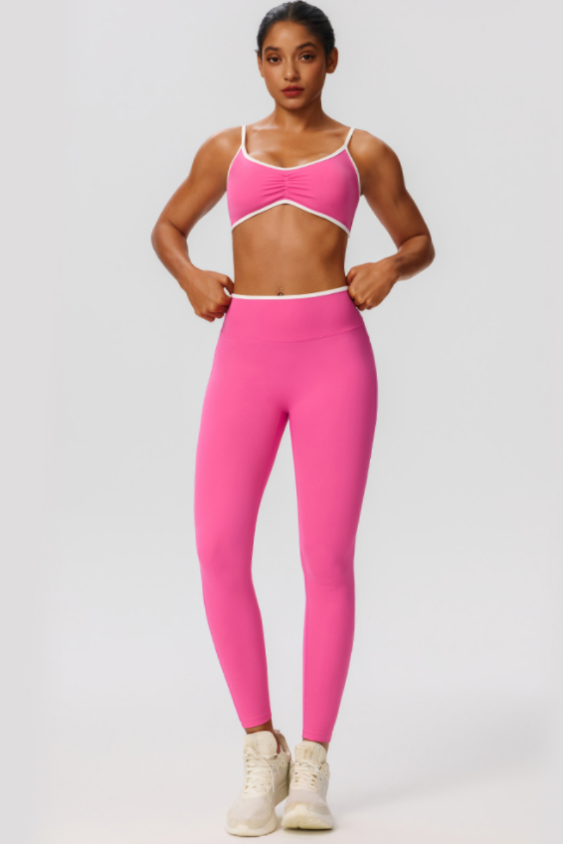 Women's Color Clash Bra Pleated Buttocks Lift Leggings Sets
