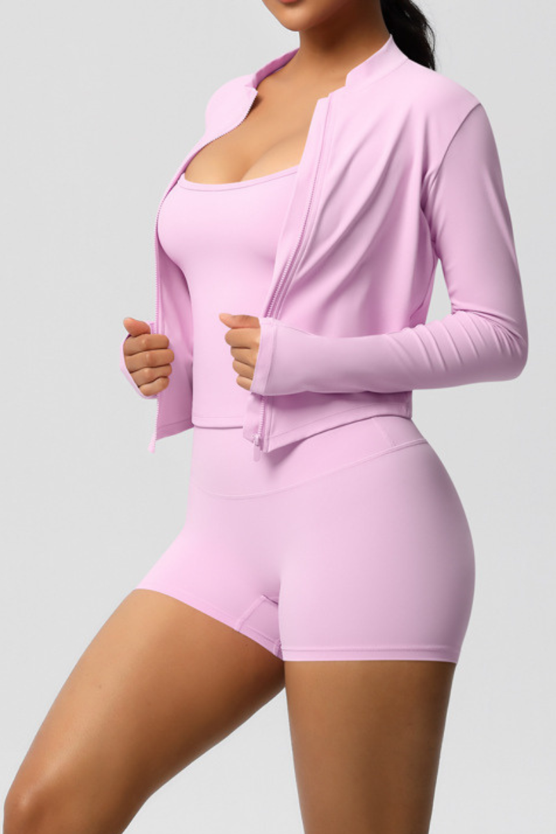Completo 3 pezzi Celeste: reggiseno, giacca con zip e shorts