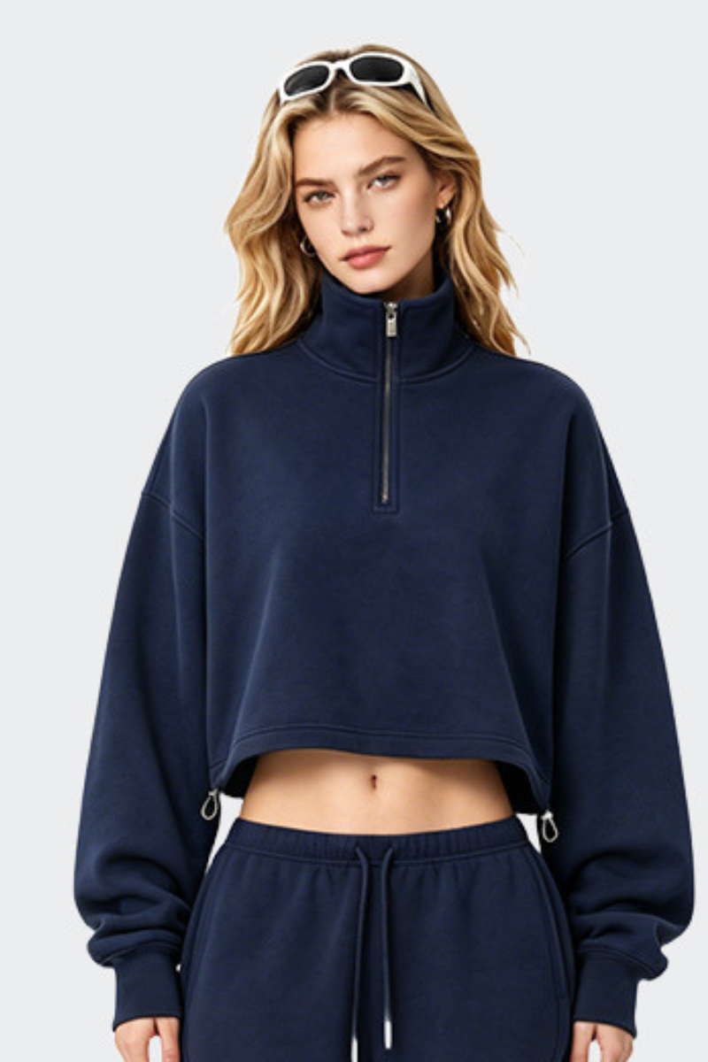 Women's Half Zip Stand Collar Cropped Drawstring Sweatshirt