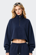 Women's Half Zip Stand Collar Cropped Drawstring Sweatshirt