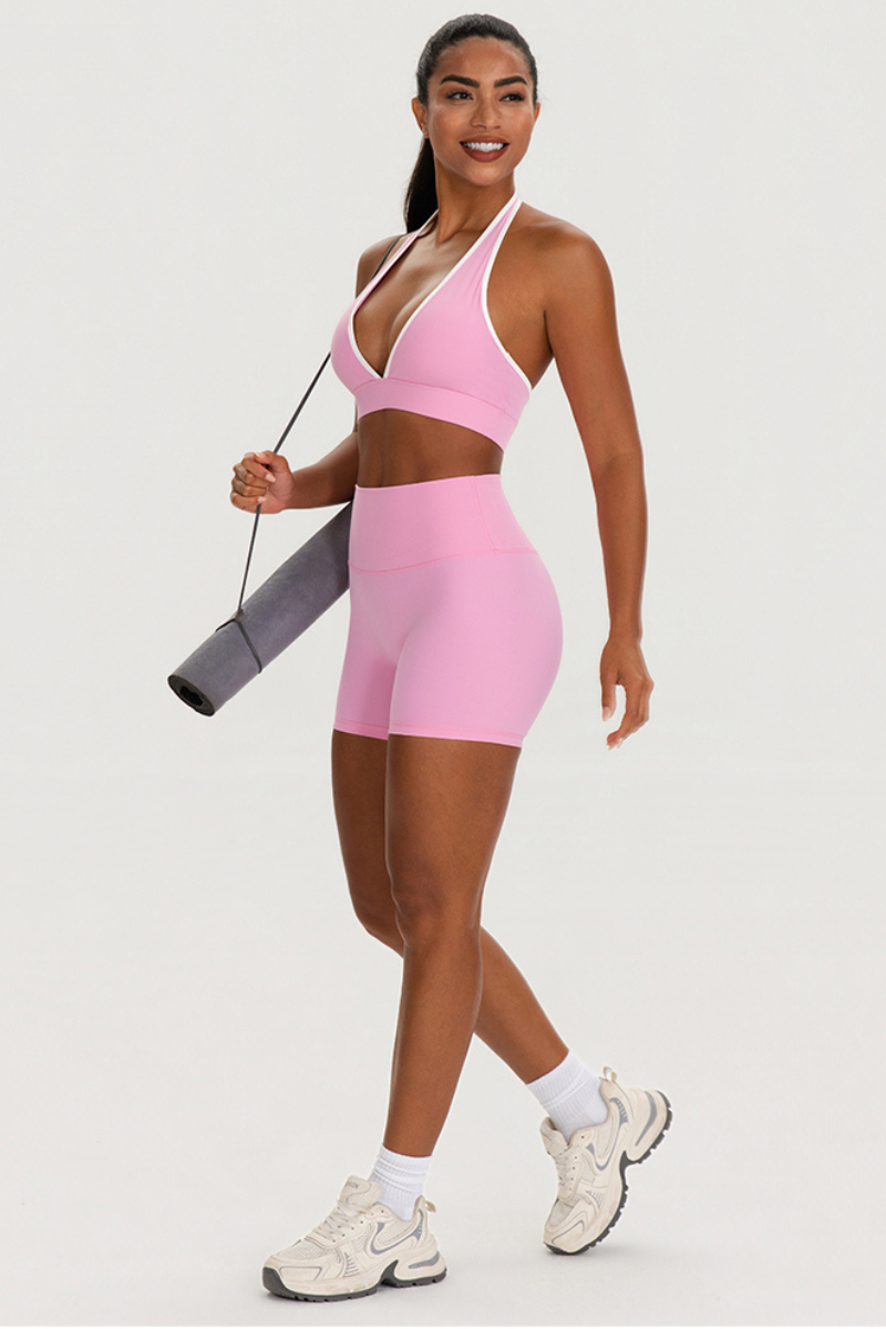 Women's Color-Matched Halter Bra And Yoga Shorts Sets