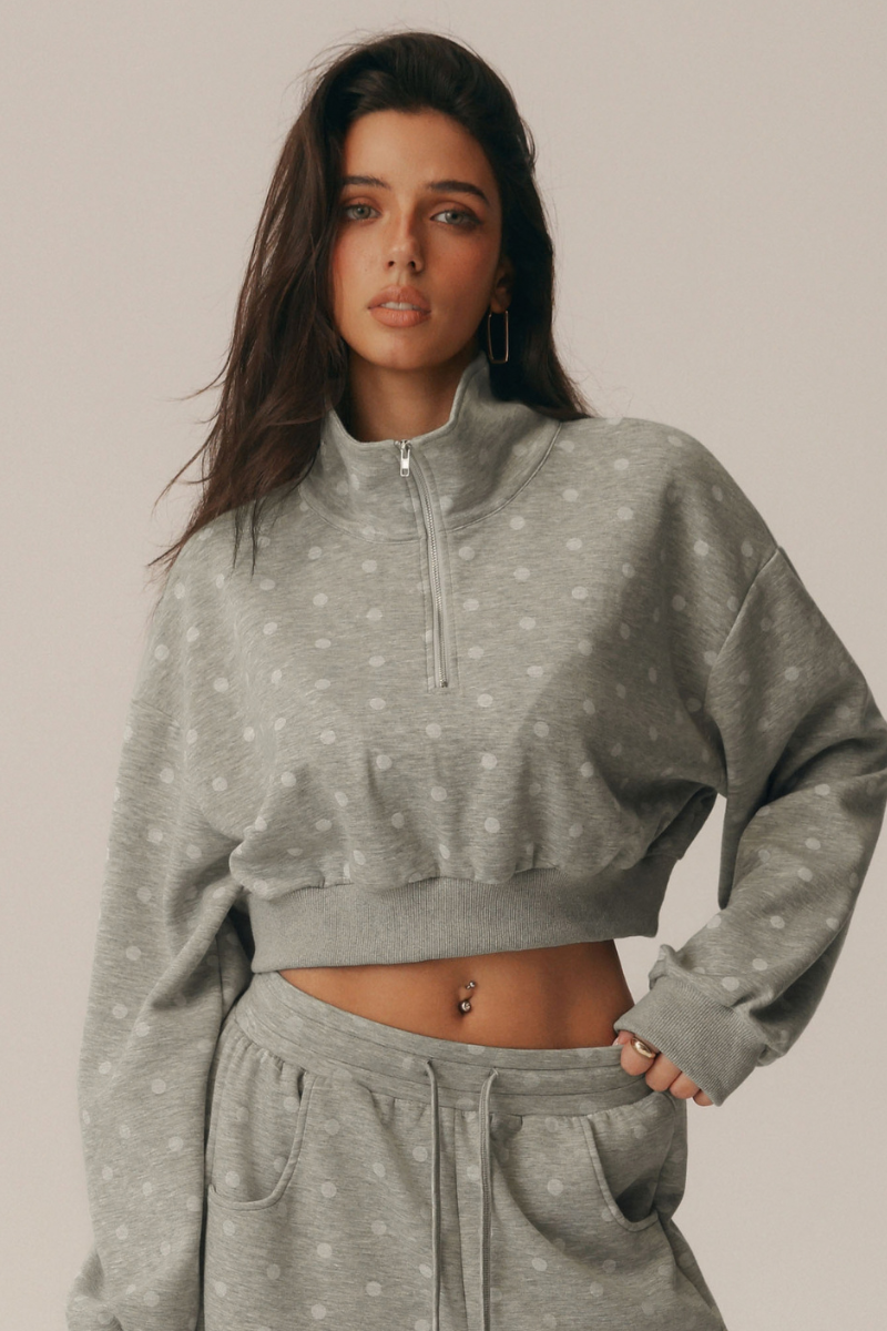 Suki Polka Dot Half-Zip Cropped Sweatshirt