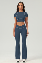 Women's Color‑Contrast Cropped T-shirt & Flared Pants Set