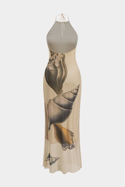 Tropical Shell Print Mesh Sleeveless Maxi Elbise