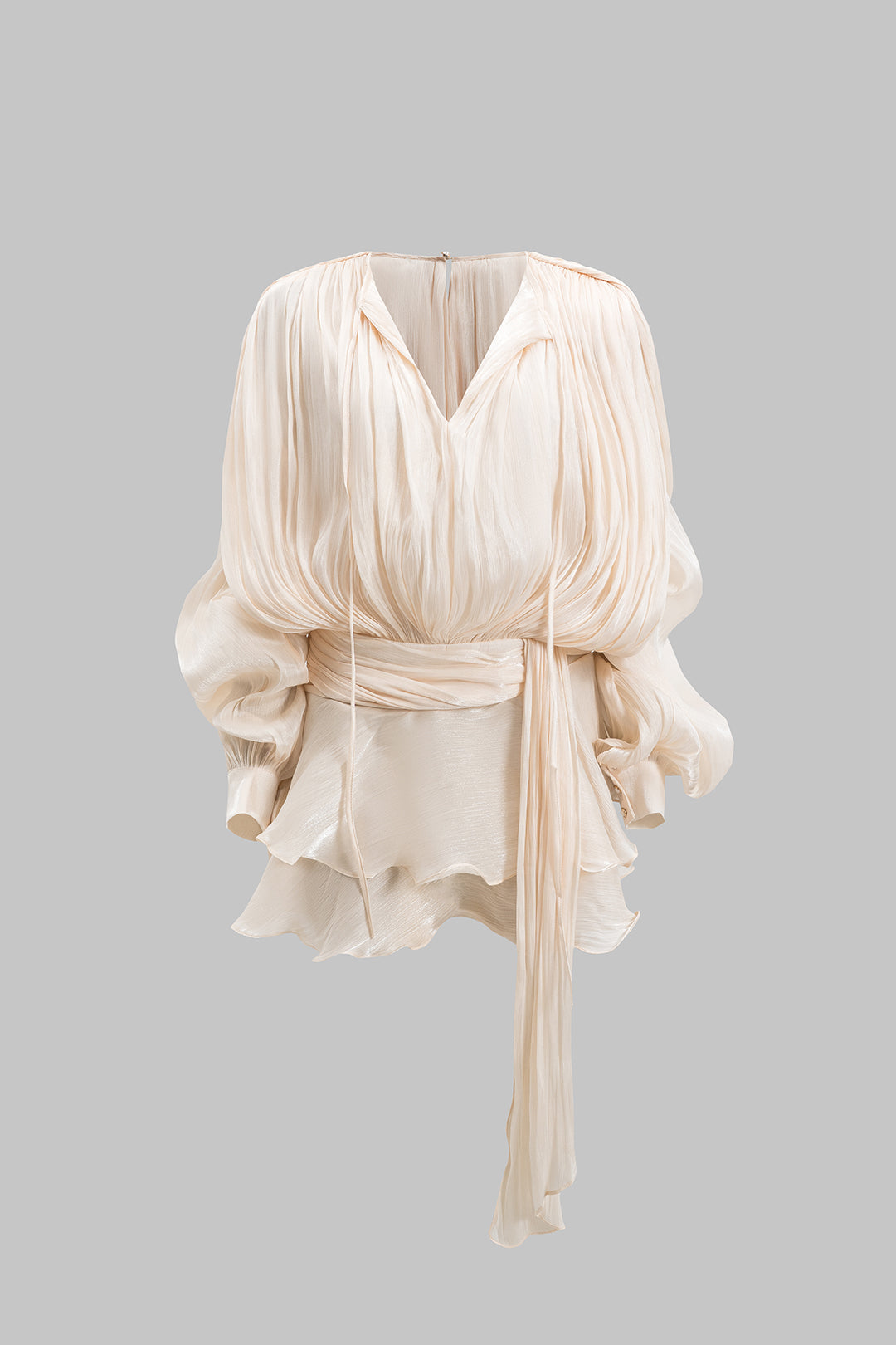Chiffon Pleated Ruffle Long Sleeve Mini Elbise