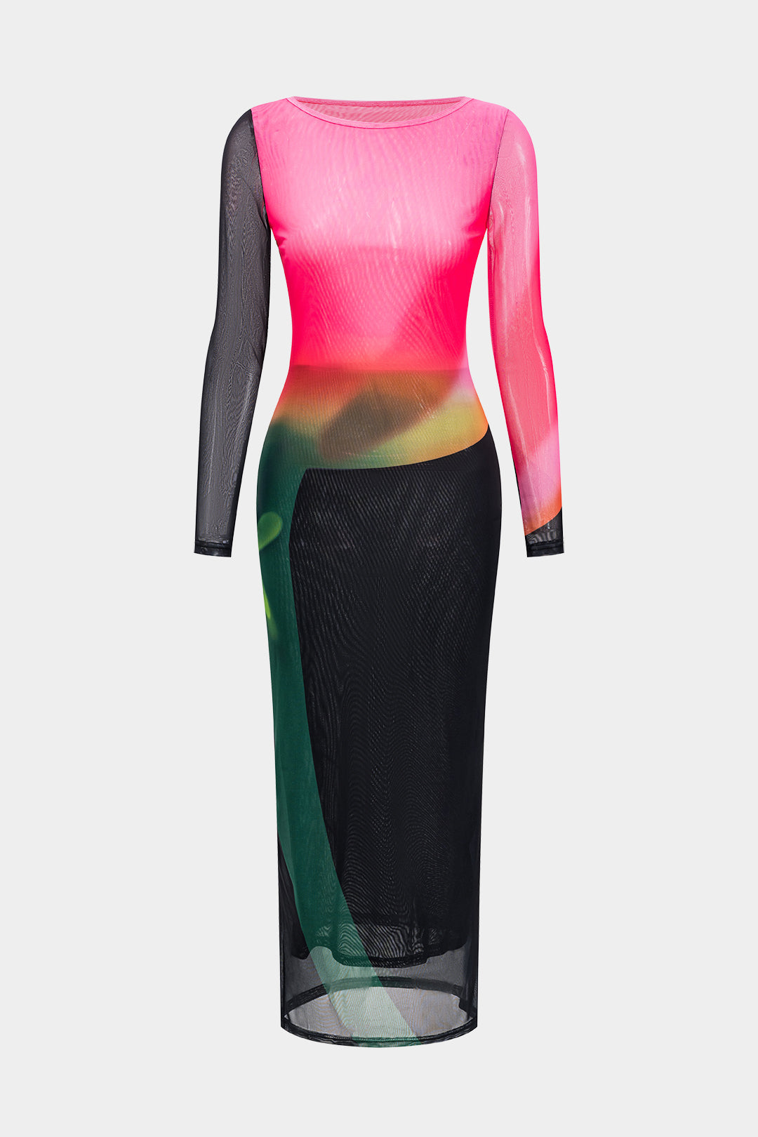 Ombre Print Mesh Long Sleeve Maxi Elbise