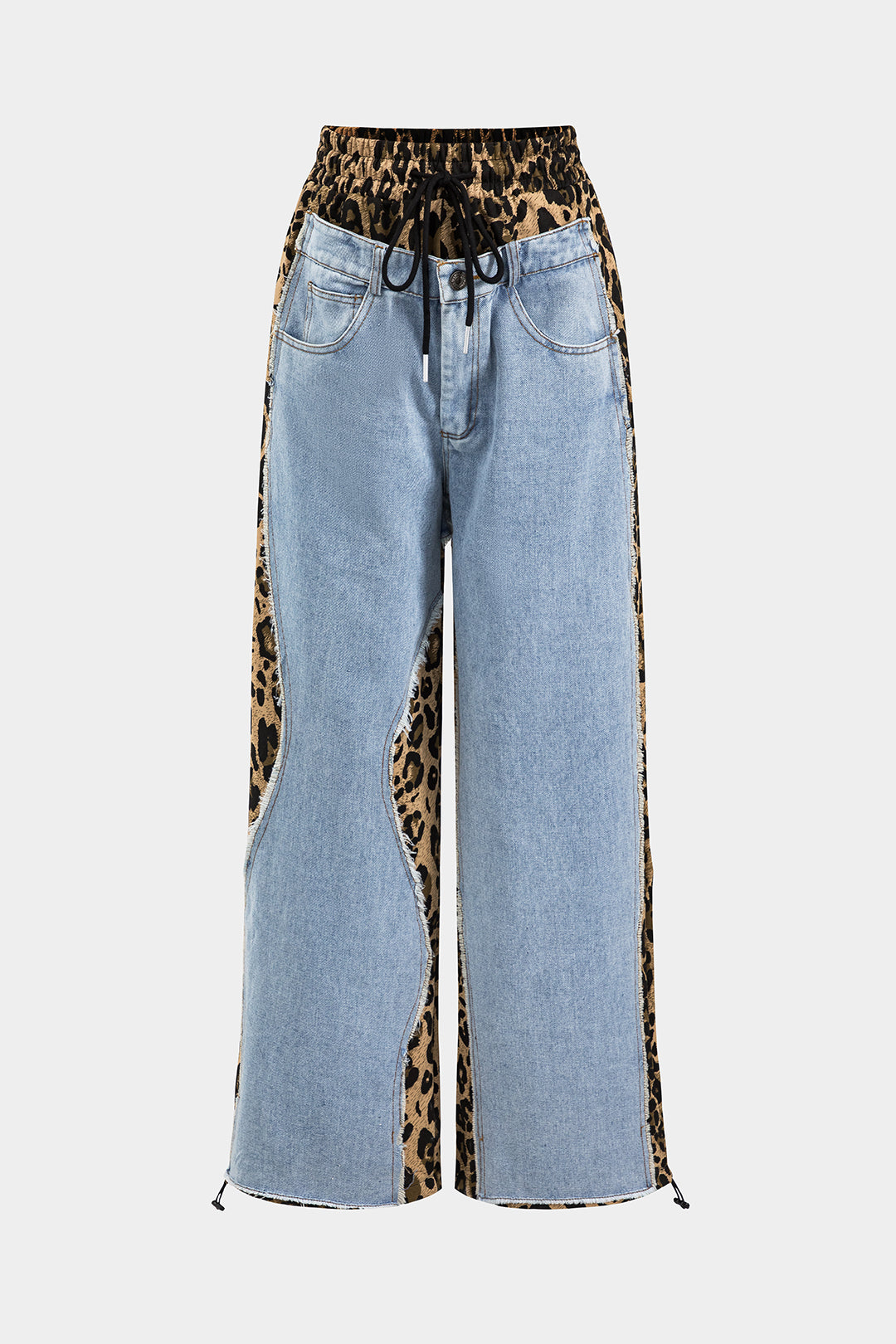 Leopard Print Denim Patchwork Tie Front Pocket Wide Leg Kot Pantolon