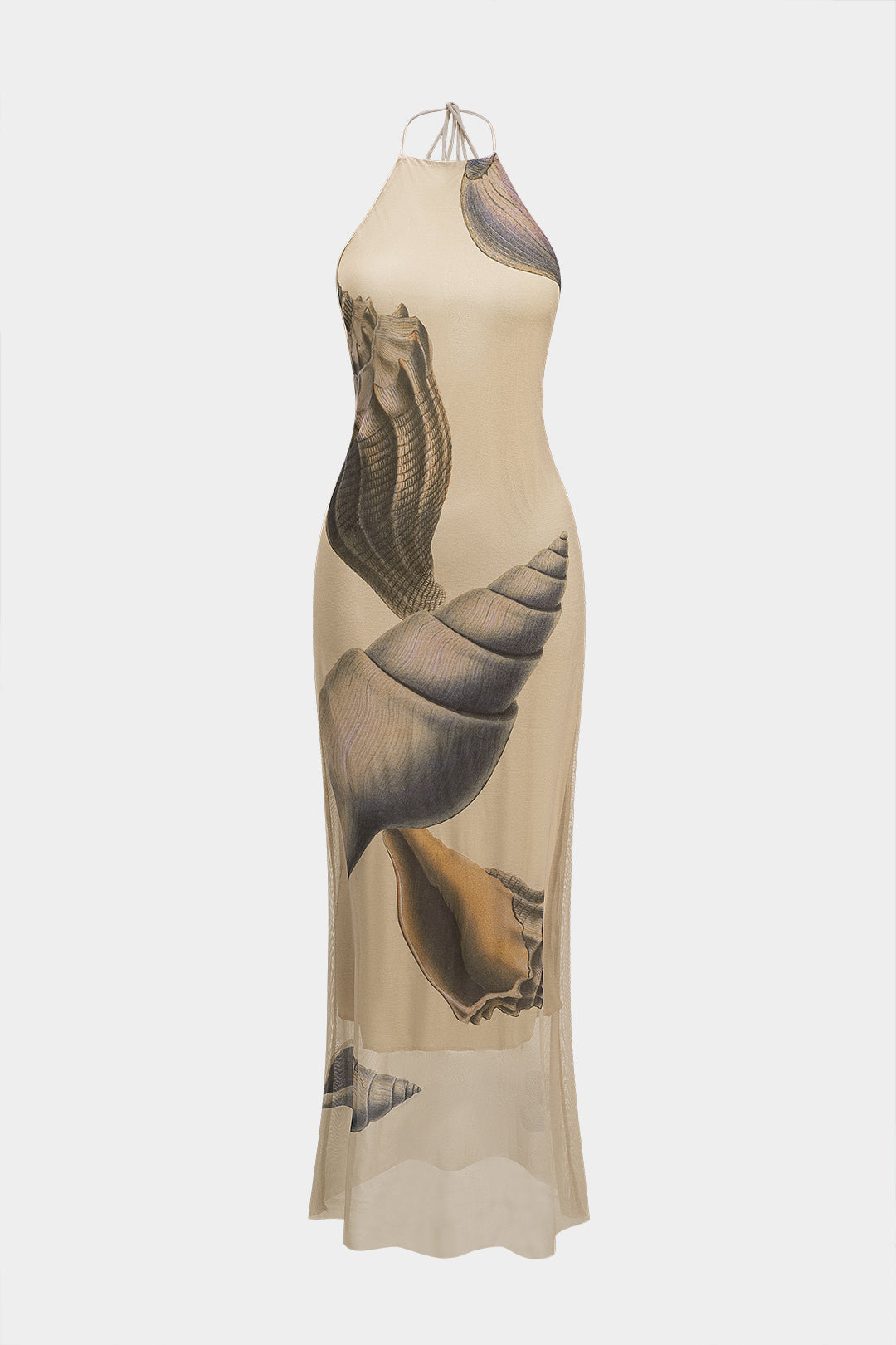 Tropical Shell Print Mesh Sleeveless Maxi Elbise