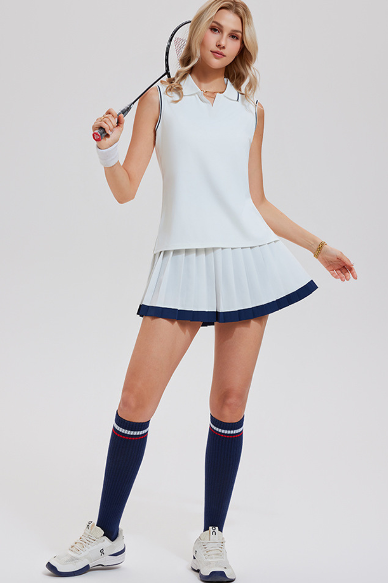 Women's Tennis Sets:Polo Collar Tank Top& Pleated Mini Skirt