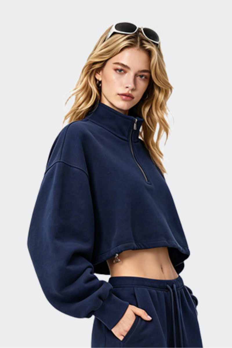 Women's Half Zip Stand Collar Cropped Drawstring Sweatshirt