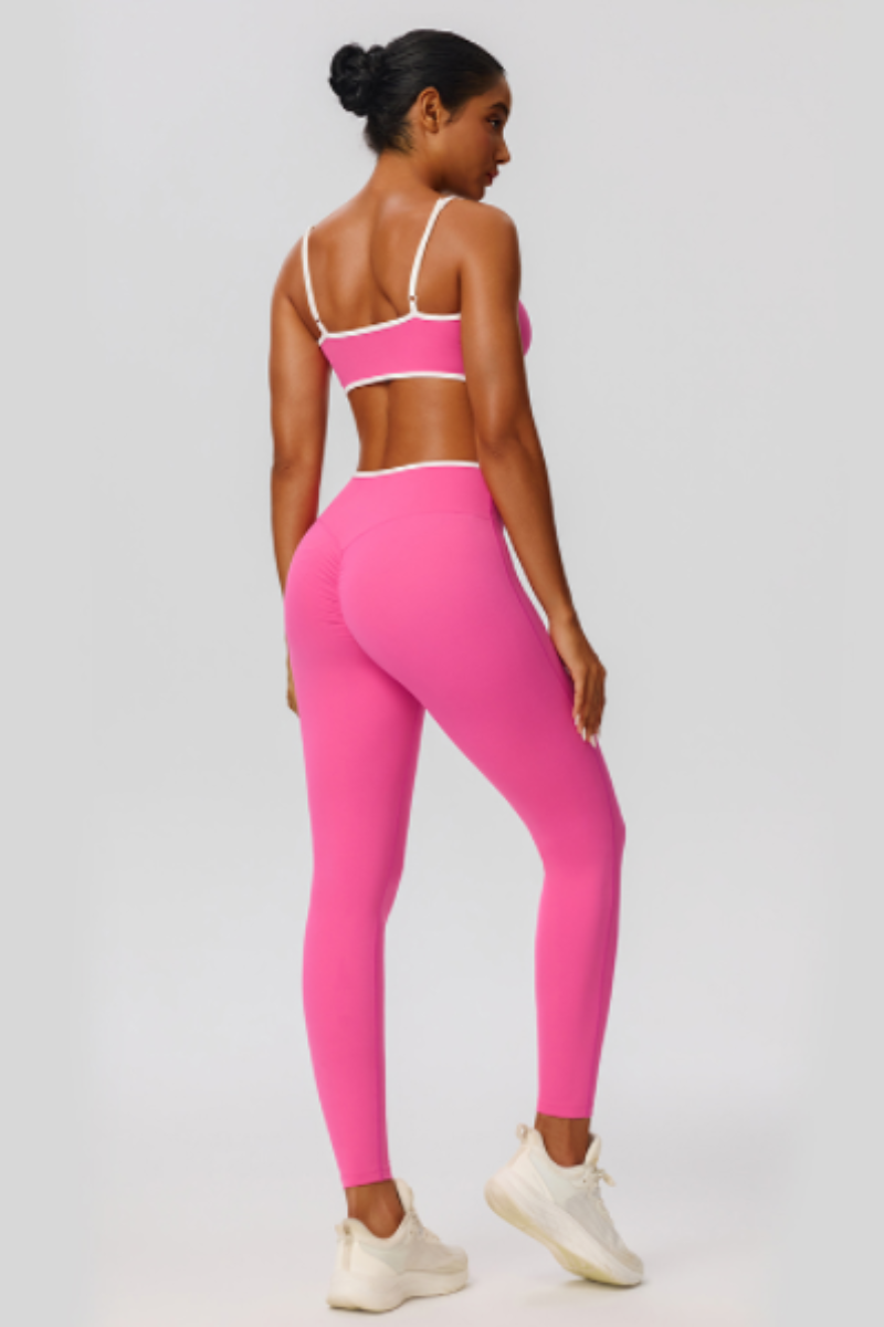 Women's Color Clash Bra Pleated Buttocks Lift Leggings Sets