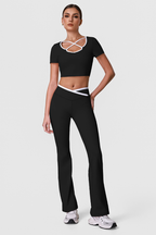 Women's Color Block Sets:Cropped T-shirt And Flared Pants