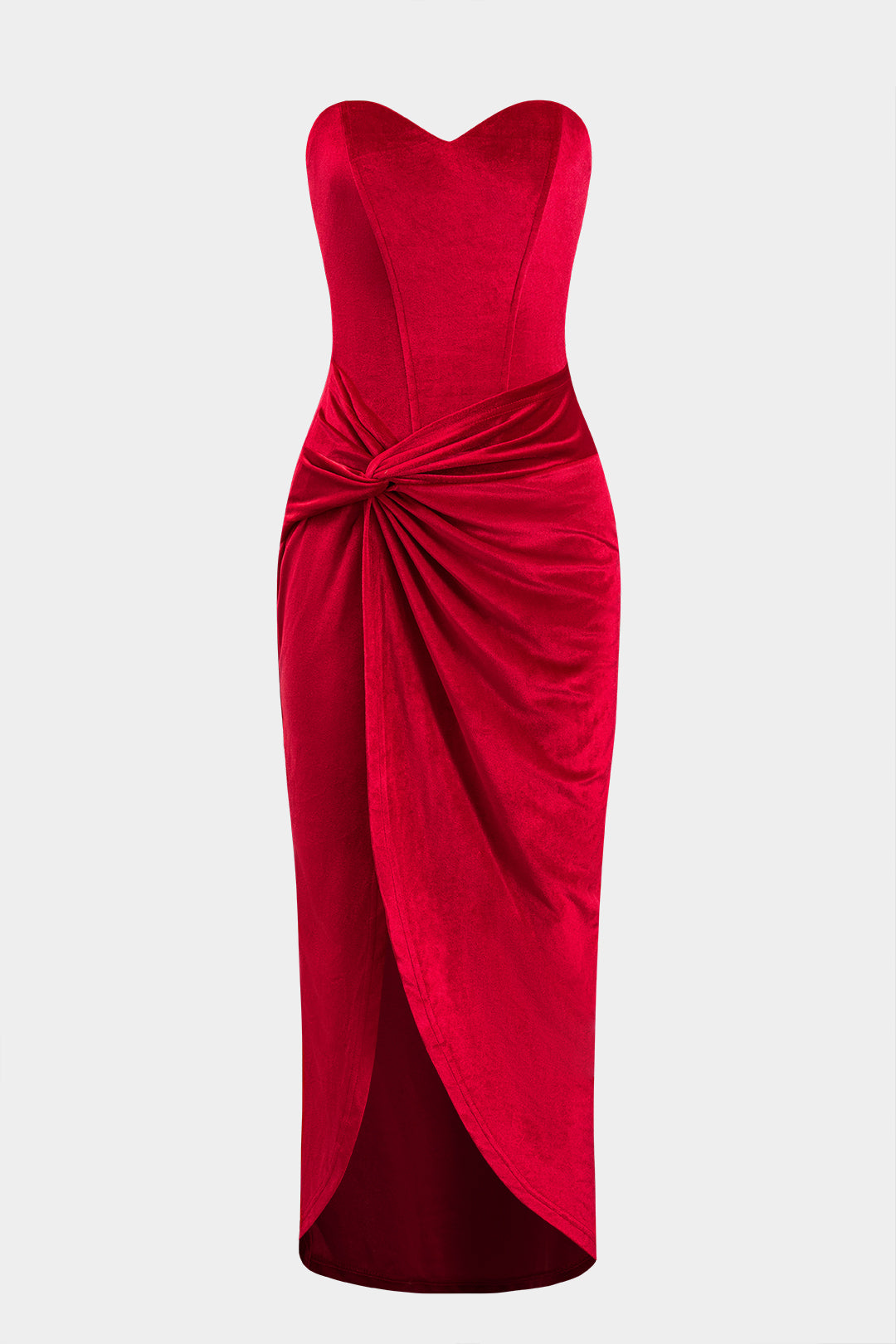 Velvet Twist Knot Strapless Slit Maxi Dress