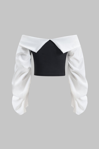 Contrast Ruched Asymmetrical Tie-Up Off Shoulder Long-Sleeve Crop