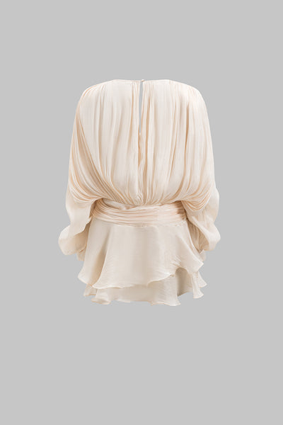Chiffon Pleated Ruffle Long Sleeve Mini Elbise
