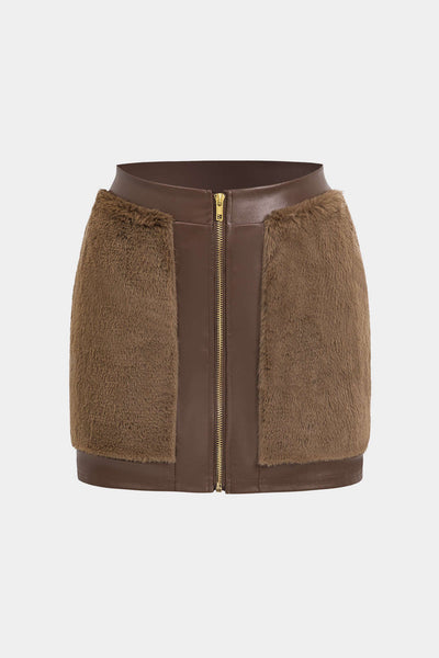 Fusion Fur &amp; Leather Detailed Crop &amp; Mini Skirt Set