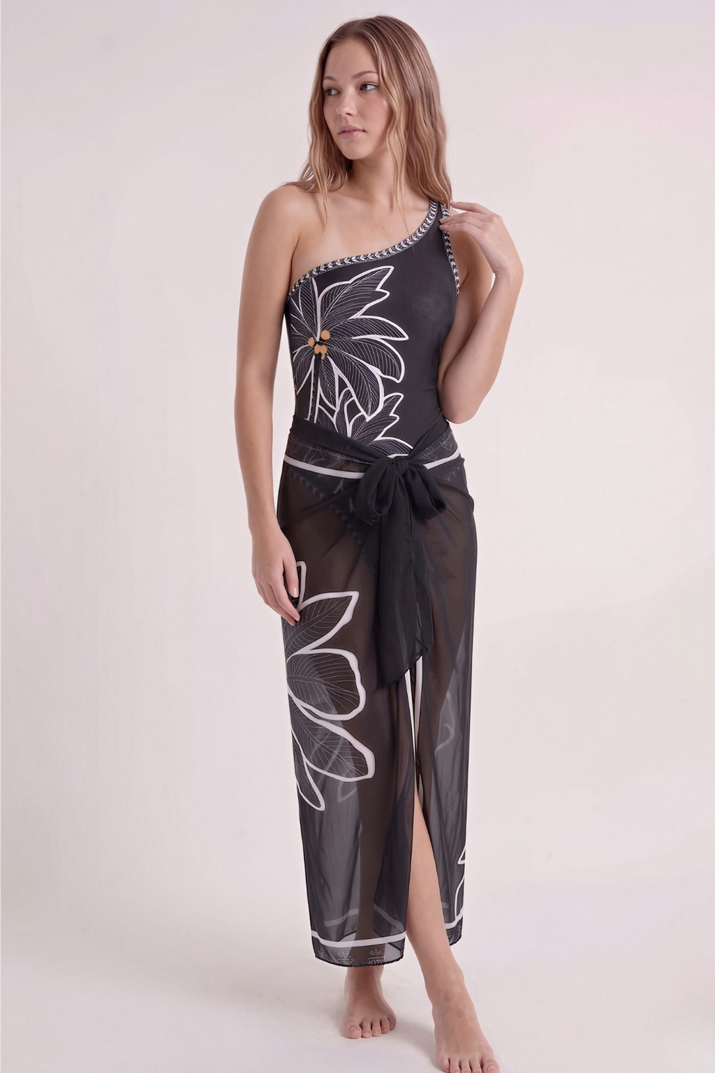 Noir Bloom Swimsuit & Pareo Set