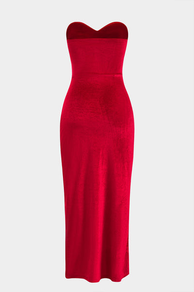 Velvet Twist Knot Strapless Slit Maxi Elbise