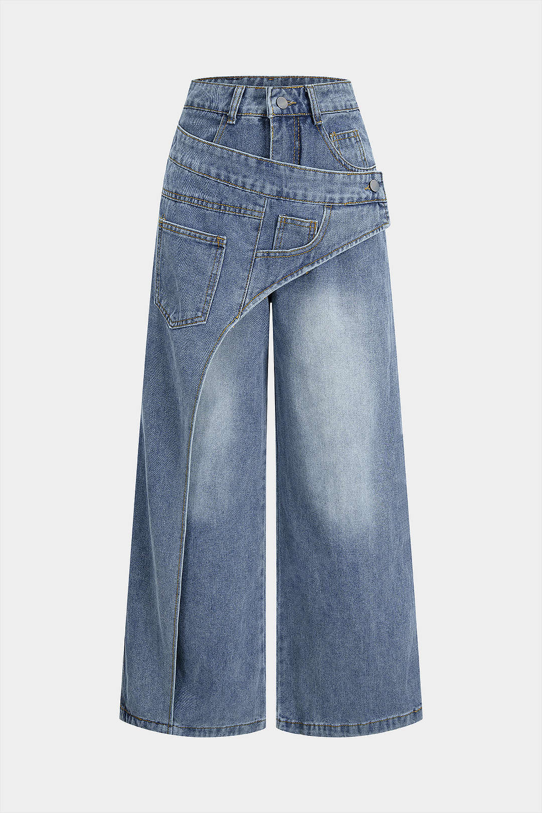 Asimetrik Sargılı Geniş Paçalı Kot Pantolon