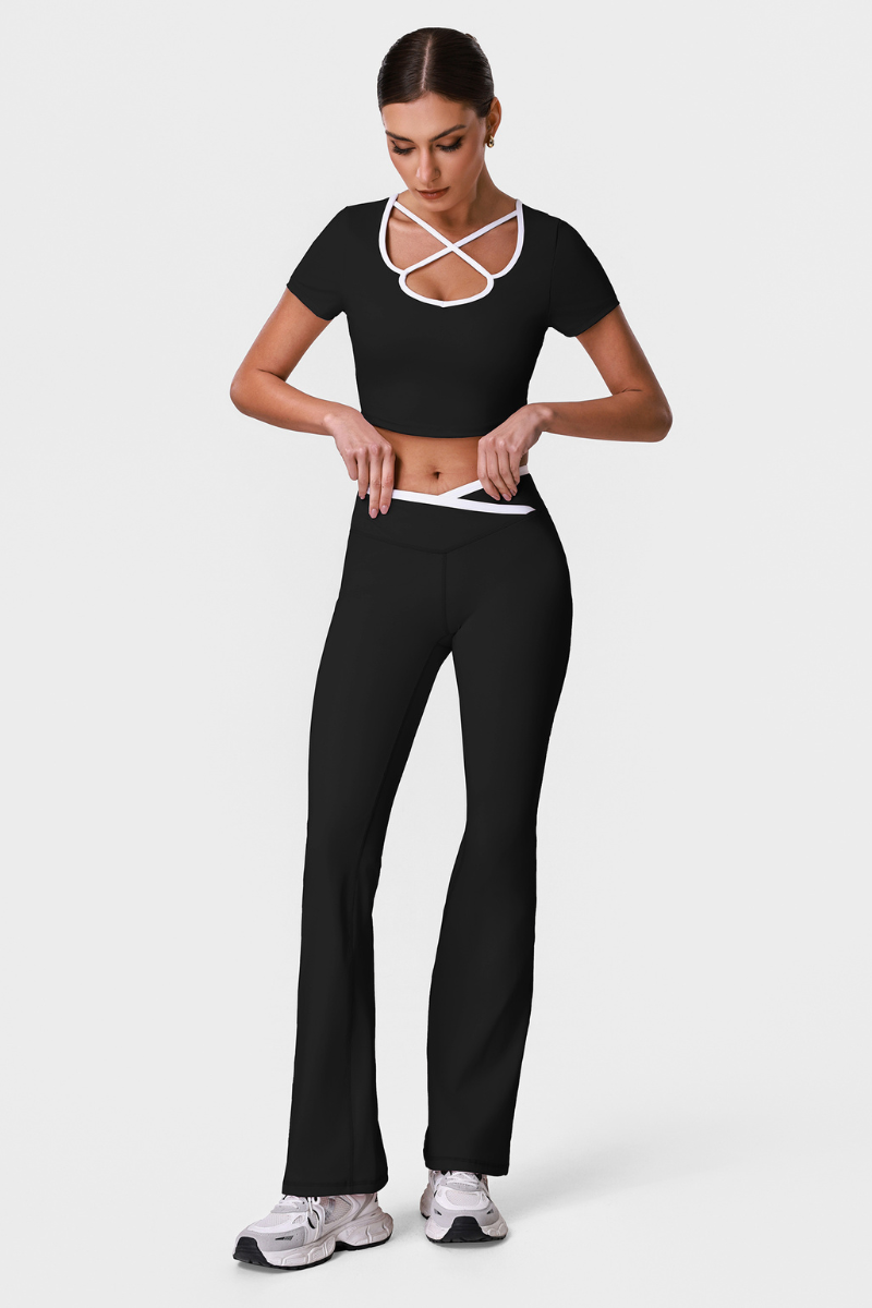 Women's Color Block Sets:Cropped T-shirt And Flared Pants
