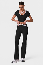 Women's Color Block Sets:Cropped T-shirt And Flared Pants