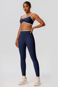Women's Color Clash Bra Pleated Buttocks Lift Leggings Sets