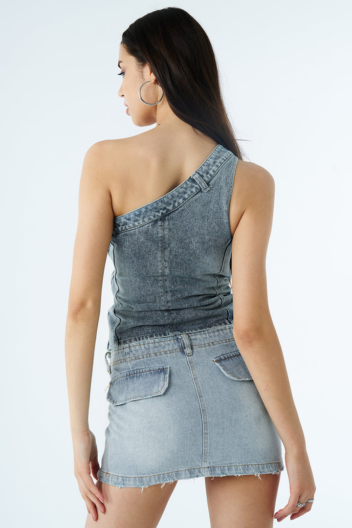 One Shoulder Denim Crop