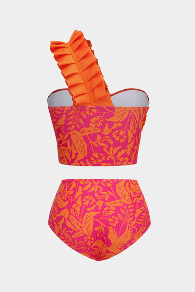 Leaves Print Ruffle Bustier Bikini Set