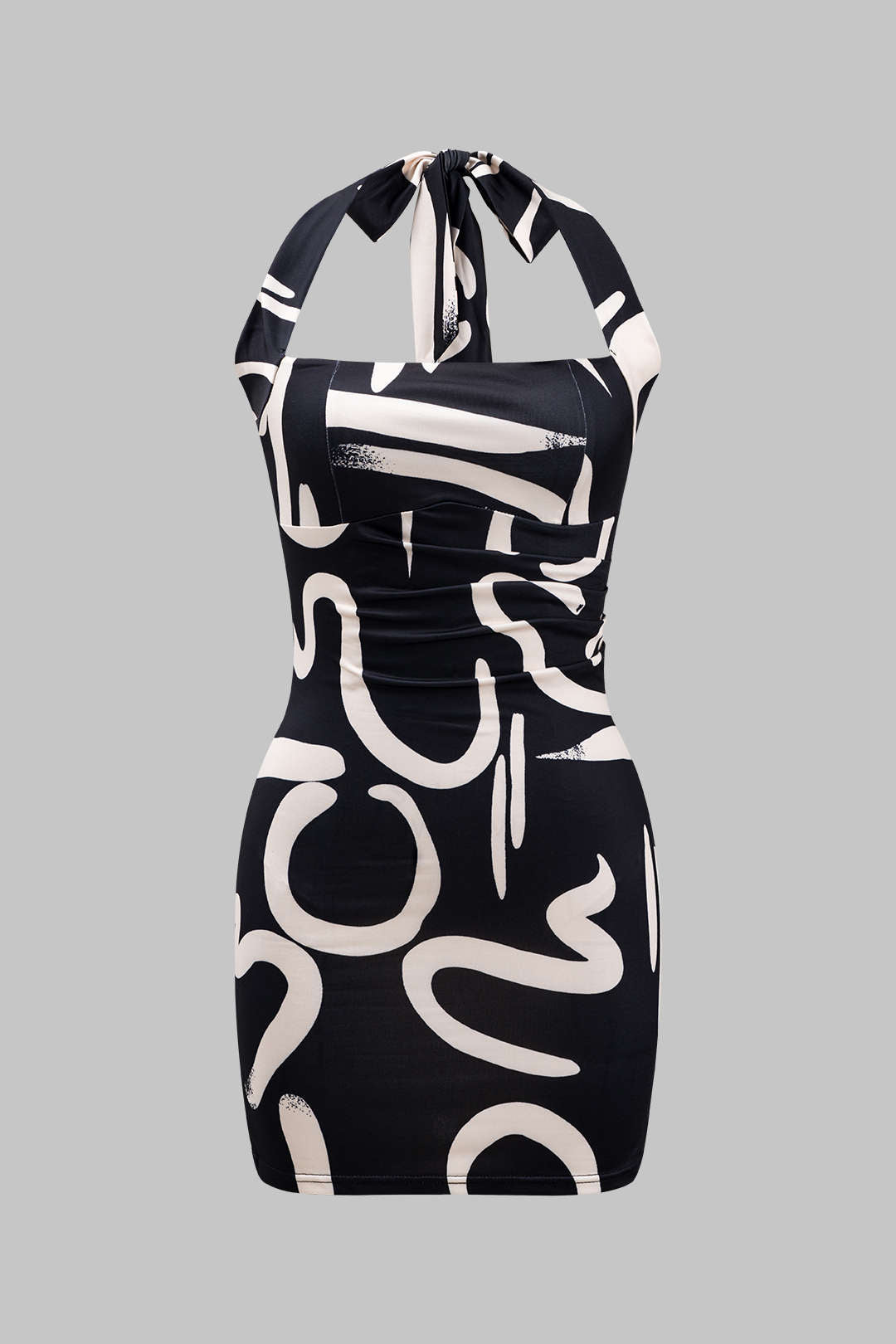 Abstract Print Tie Up Zipper Backless Mini Elbise