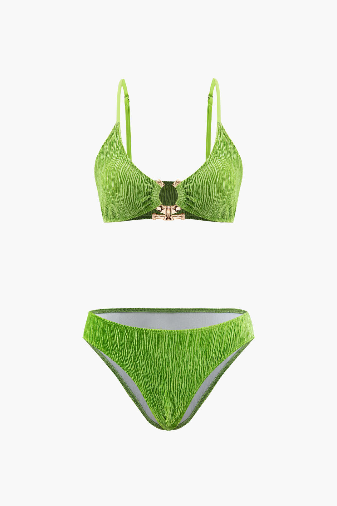 Velvet Textured U-ring Bikini And Sarong 3'lü Set