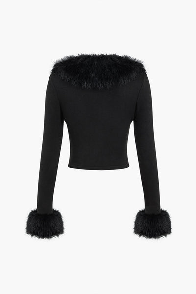 Faux Fur Collar Button Uzun Kollu Üst