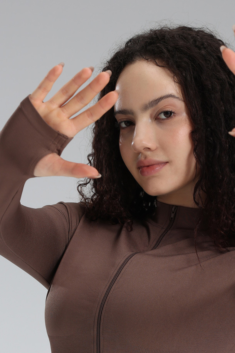 Women's Seamless Stand Collar Finger Cuffs Slim Fit Jacket