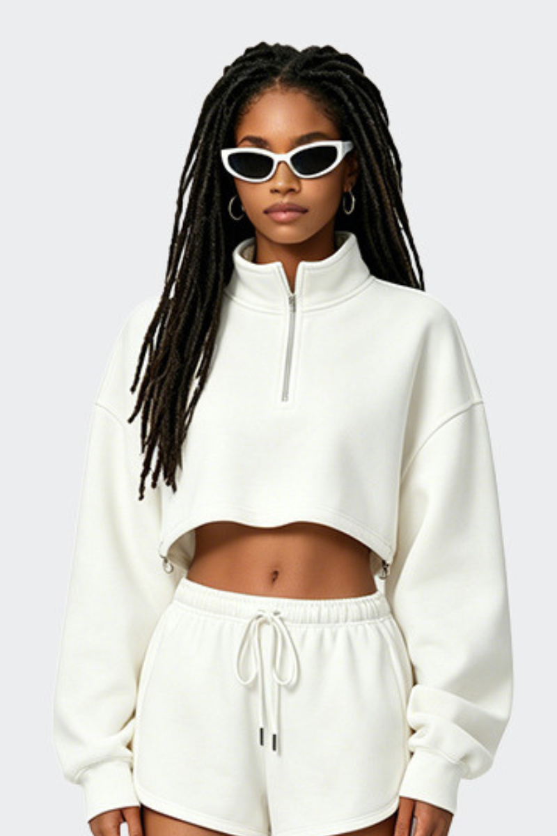 Women's Half Zip Stand Collar Cropped Drawstring Sweatshirt