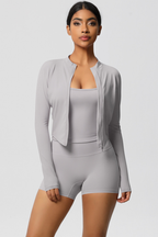 Completo 3 pezzi Celeste: reggiseno, giacca con zip e shorts