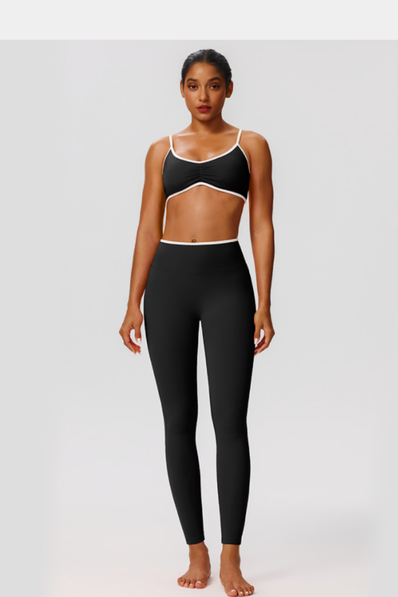 Women's Color Clash Bra Pleated Buttocks Lift Leggings Sets