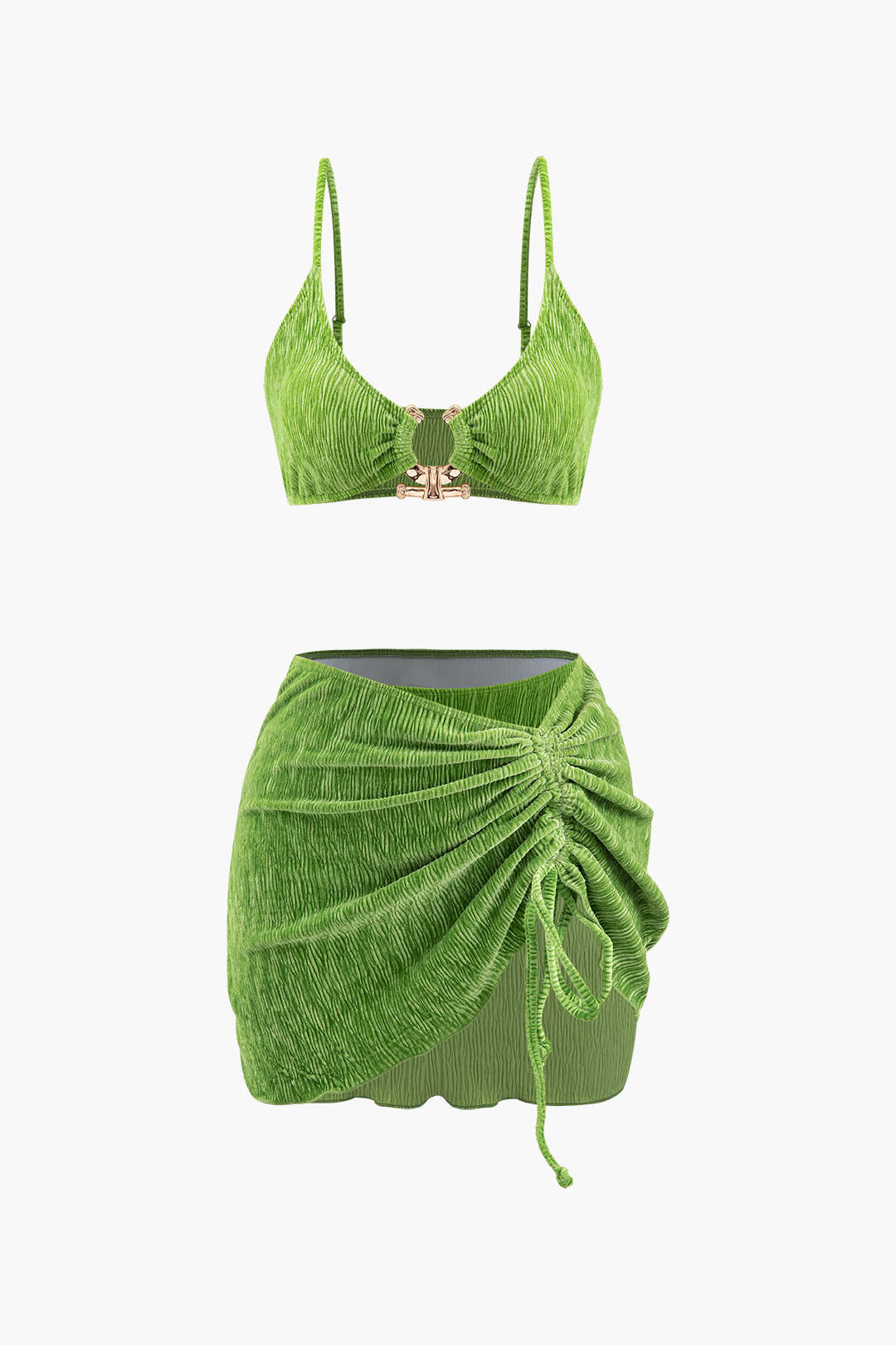 Velvet Textured U-ring Bikini And Sarong 3'lü Set