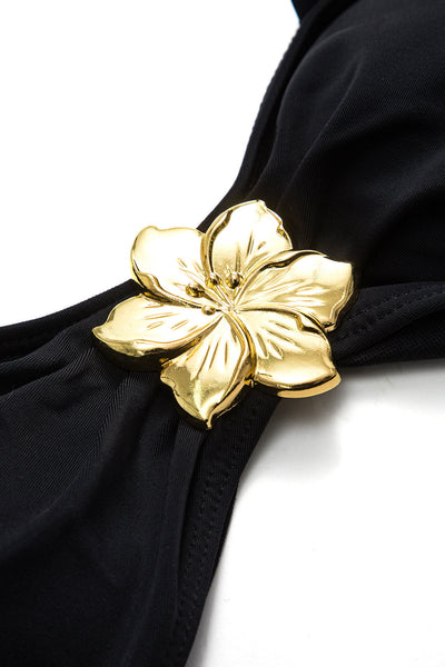 Metallic Decor Ruffle Ruched Tie Back Slip Bikini Set