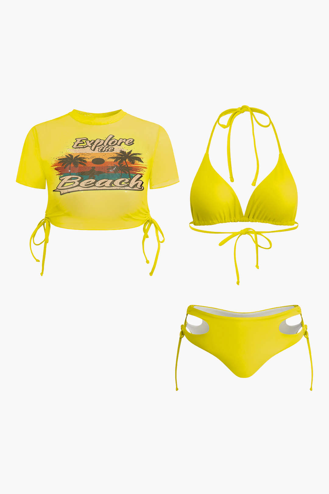 Print T-shirt And Tie Halter Bikini Set