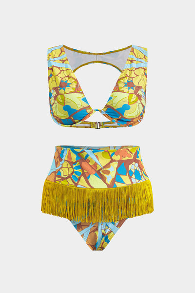 Tropical Print Fringe Backless Bikini Set