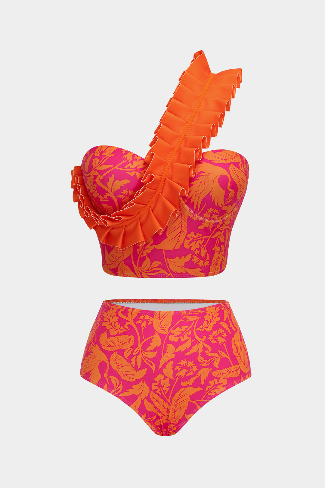 Leaves Print Ruffle Bustier Bikini Set