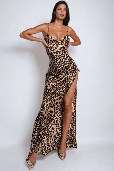 Leopard Print Cross Maxi Elbise