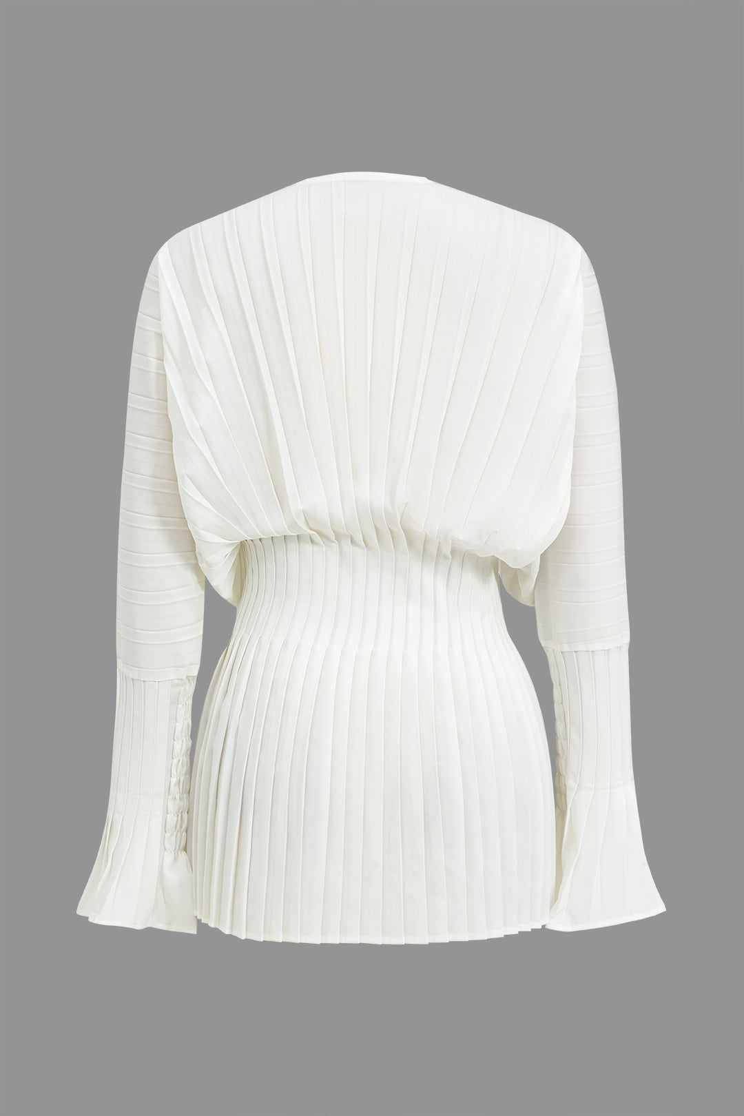 Pleated Bell Sleeve V-Neck Mini Elbise