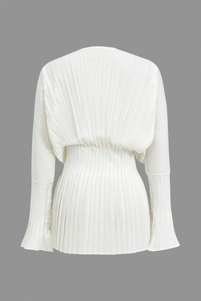 Pleated Bell Sleeve V-Neck Mini Elbise