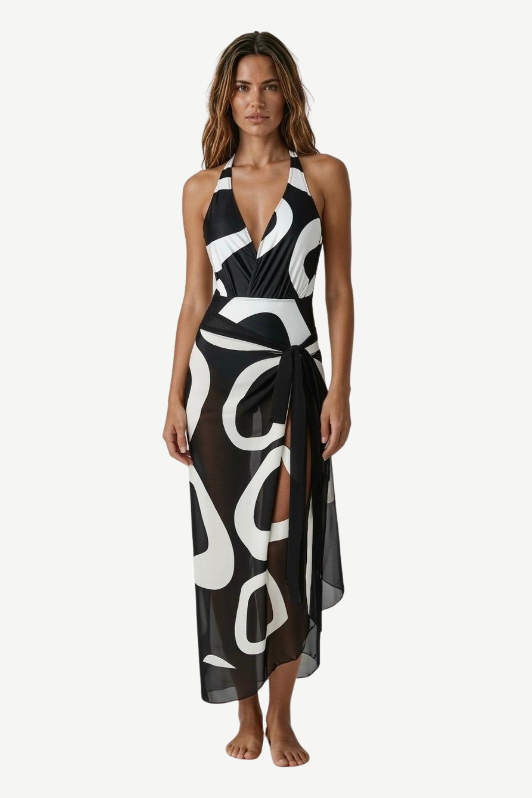 Rosvell Noir Wave Swimsuit & Sarong Set