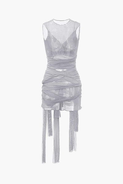 Sheer Mesh Wrap Mini Dress