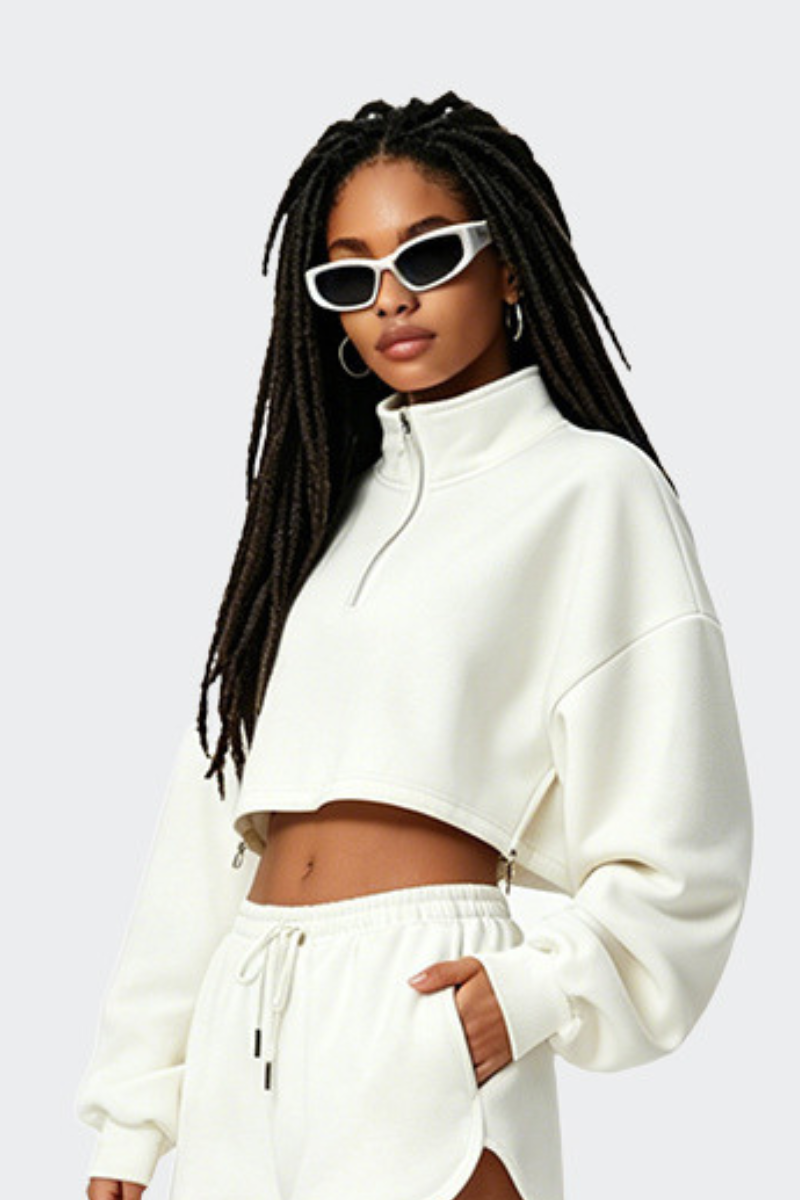Women's Half Zip Stand Collar Cropped Drawstring Sweatshirt