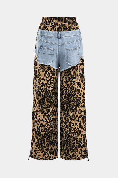 Leopard Print Denim Patchwork Tie Front Pocket Wide Leg Kot Pantolon