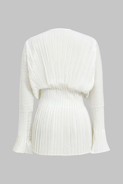 Pleated Bell Sleeve V-Neck Mini Elbise